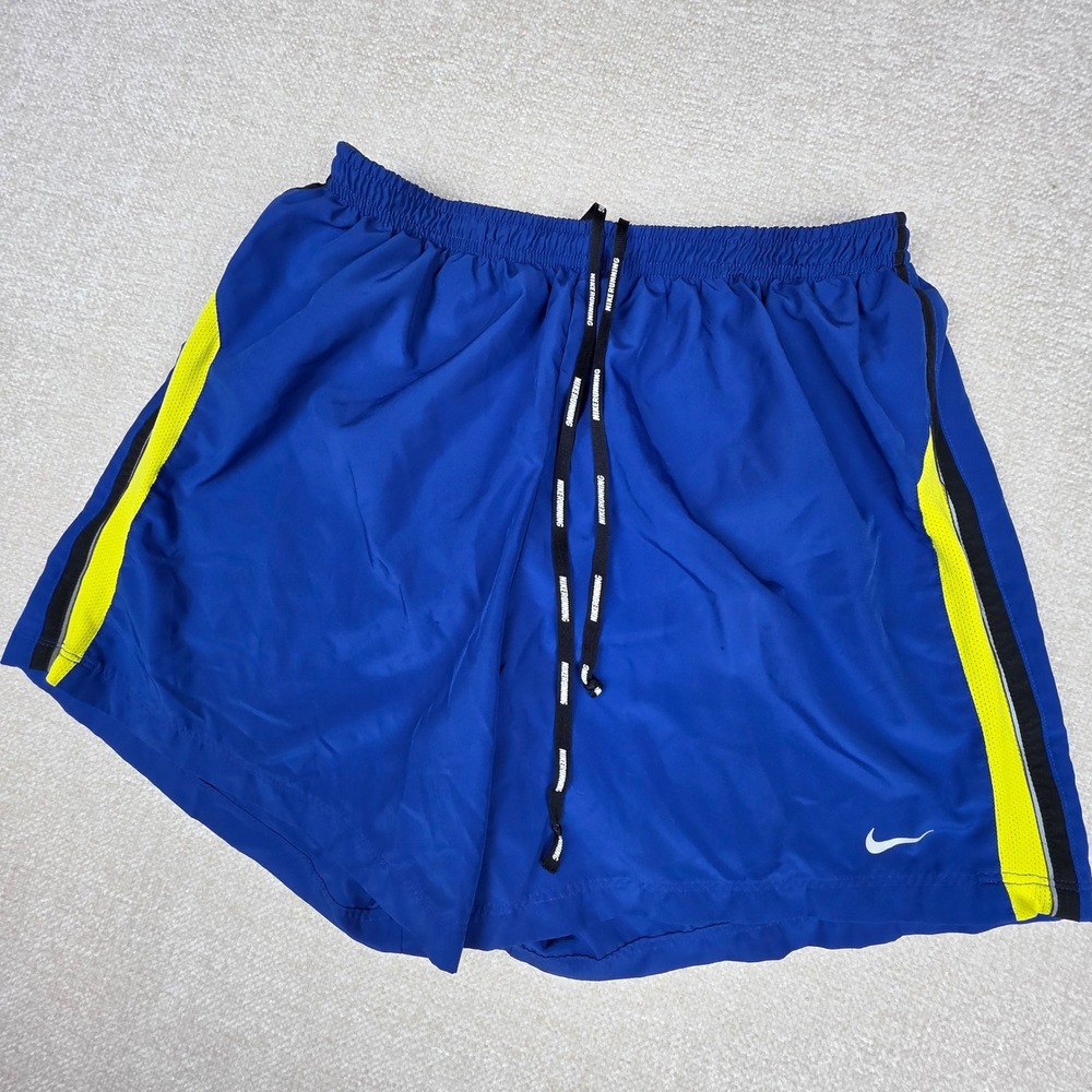 Nike Running Dri-FIT Shorts Mens Large Blue Neon‎ Yellow Striped Athletic Swoosh
